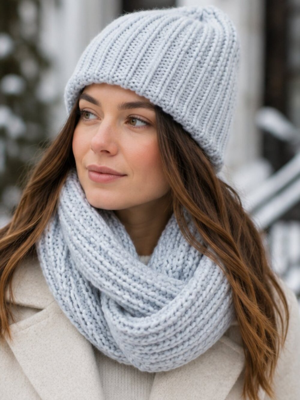 EUC Simons Made in Italy Pale Blue Knit Beanie & Infinity Scarf Set
